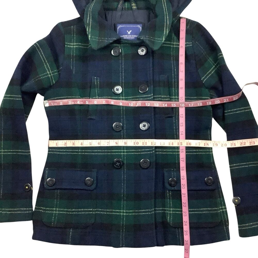 American Eagle Wool Blend Plaid Hooded Pea Coat Jacket Women M L Green Blue Y2K - Picture 7 of 12